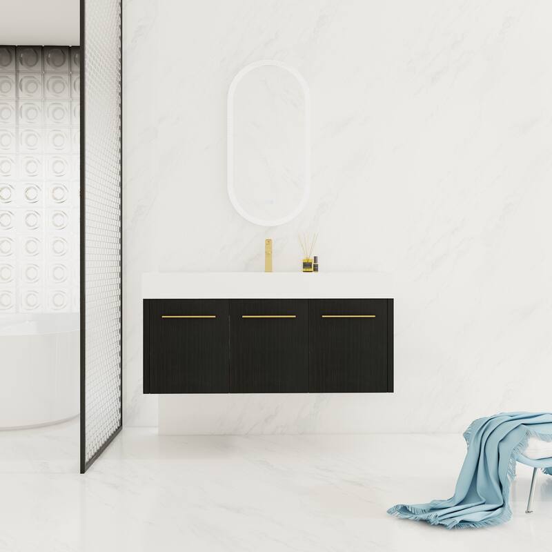 48 Inch Wall-Mounted Bathroom Vanity with Sink, Thick Edged Resin Basin, KD-Package - Black