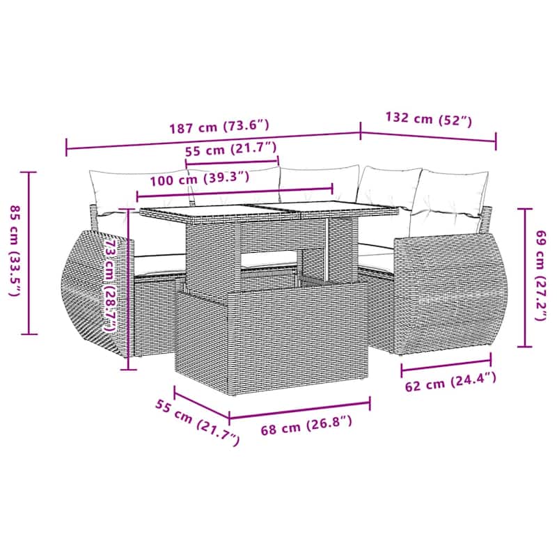 vidaXL Patio Sofa Set with Cushions Outdoor Furniture 5 Piece Poly Rattan - 21.7 x 39.4 x 28.7