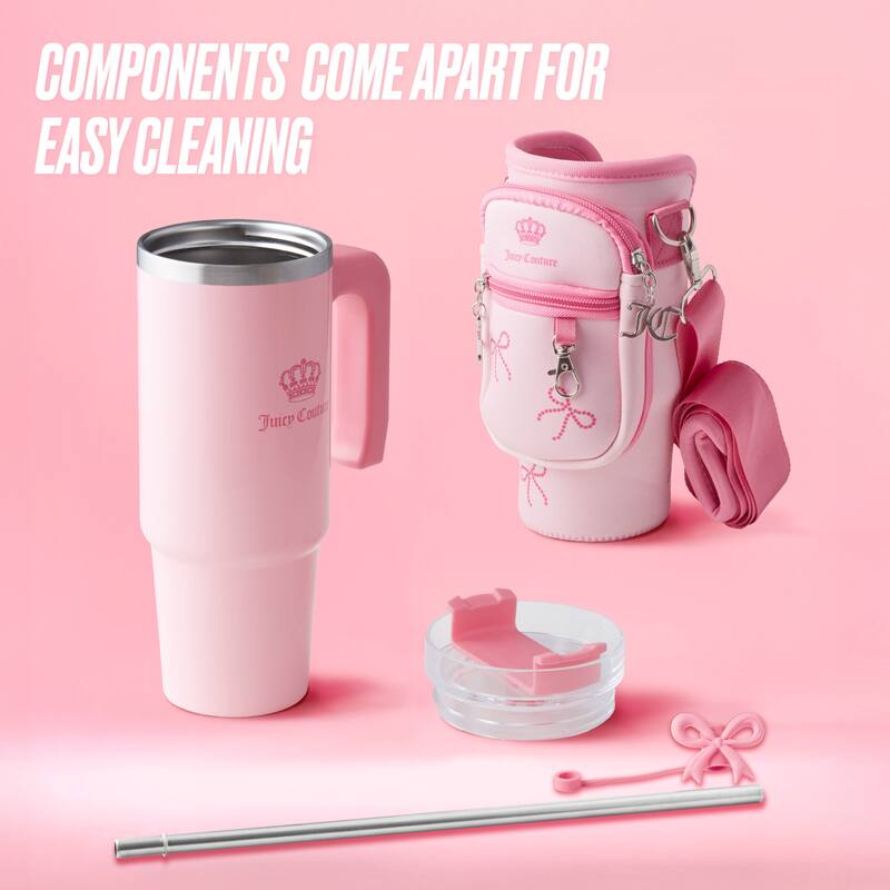 Juicy Couture Jetsetter Hydration Stainless Steel Tumbler with Handle, Straw & Topper with Neoprene Crossbody Pouch