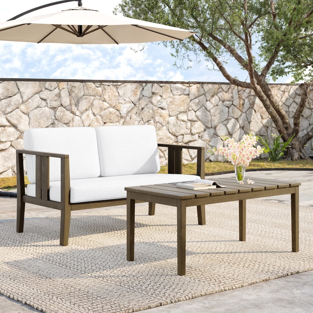 Teak Wood Water Resistant Outdoor Loveseat and Coffee Table Set (Set of 2)