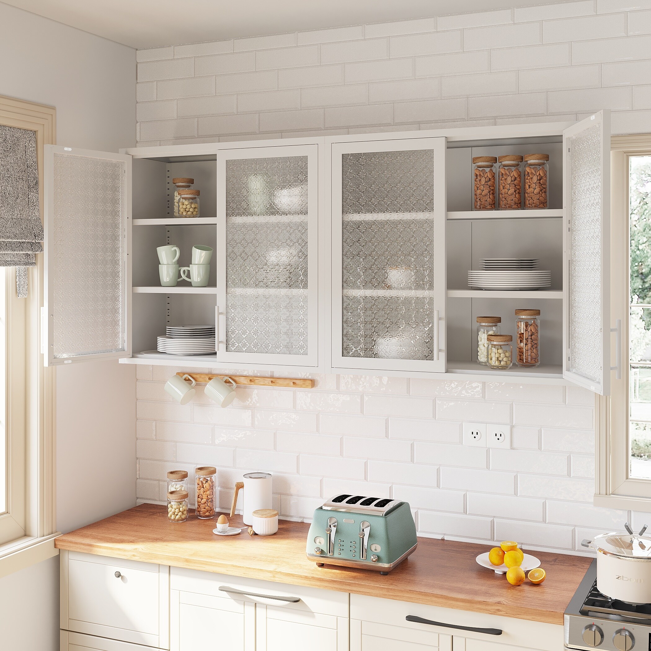 Retro Style Wall Mounted Cabinet Table Top Storage Cabinet with Hazy Glass Doors and 2 Adjustable Shelves