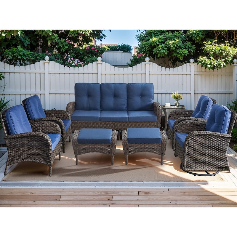 Patio Wicker Sofa Swivel Chair Set of 8 - Blue - Brown
