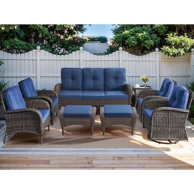 Raatan Swivel Glider Chairs with Sofa Chair Ottomans - Brown