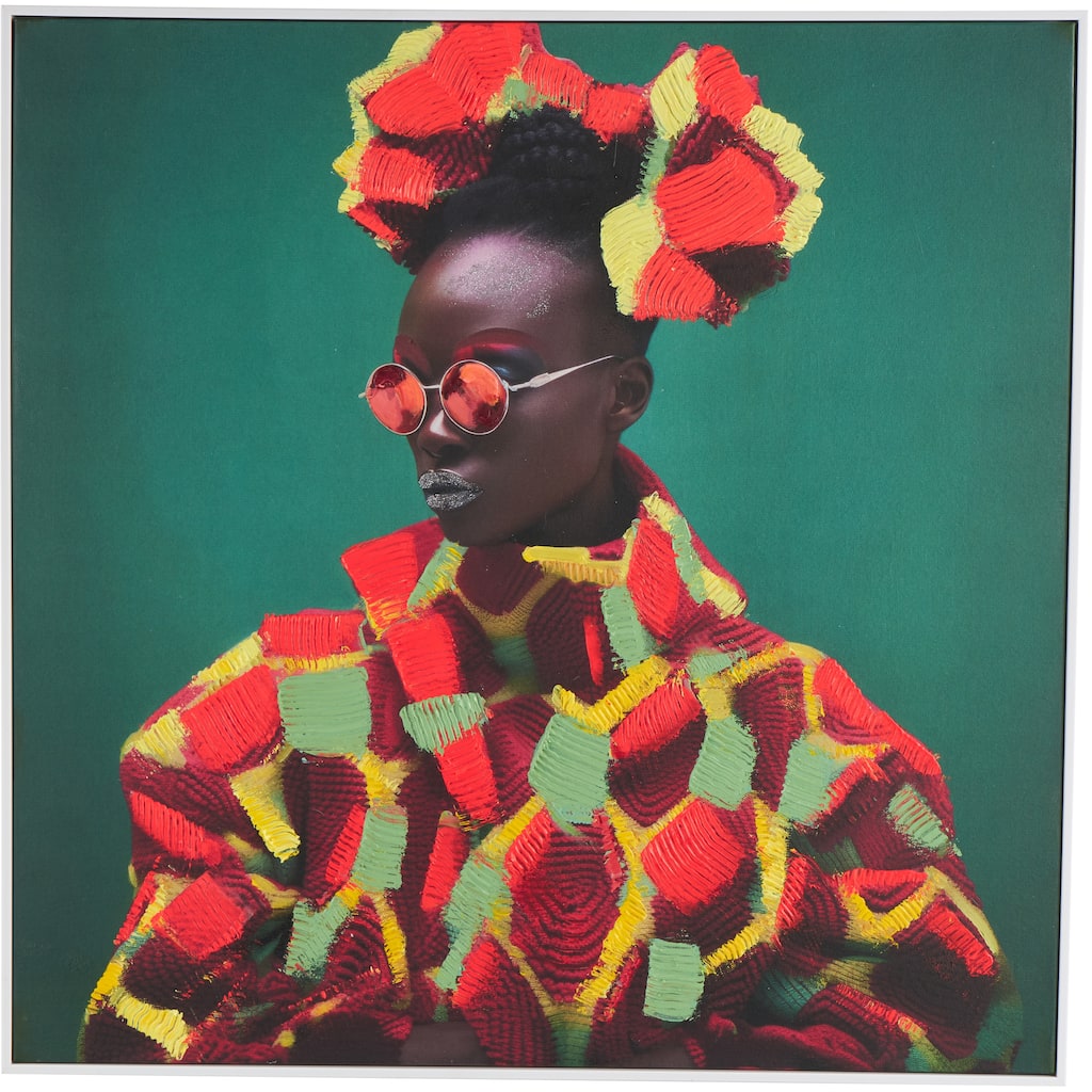 Canvas Woman Chic Framed Wall Art with Red and Yellow Dresswear - Green - Roche River Decor