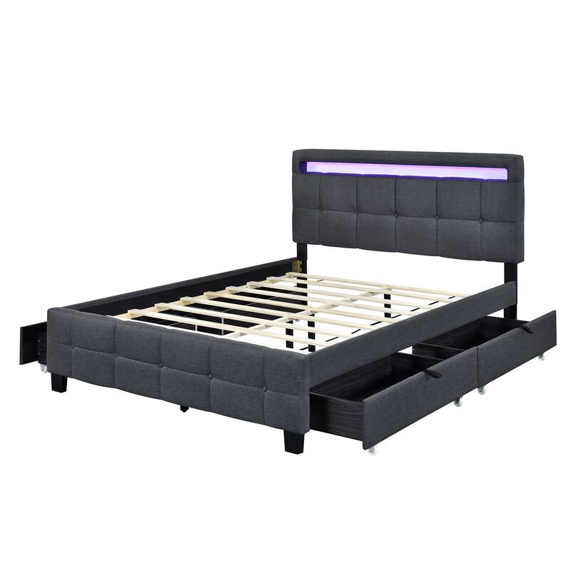 Linen Upholstered Platform Bed Frame with LED Light Headboard & 2 Drawers