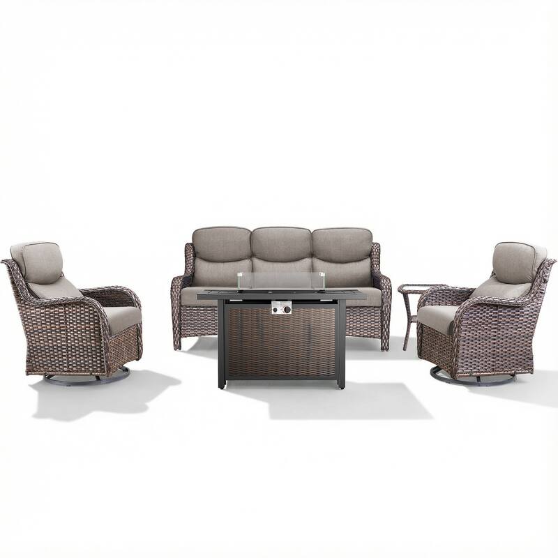 Pocassy Patio Sofa Swivel Chair Set with 43" Fire Pit Table