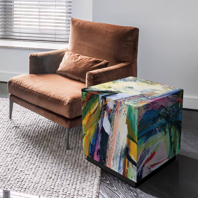 "Graffiti Rock Star II" by Jodi Fuchs Reverse Printed Beveled Art Glass Side Table with Black Plinth Base - 22" x 22" x 22"