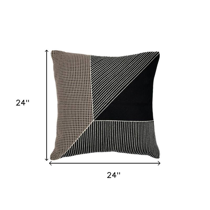 HomeRoots 24" Black and White Geometric Cotton Throw Pillow With Embroidery