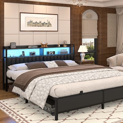 Platform Bed Frame with Upholstered Storage Headboard, Full/ Queen/ King Beds with Charge Station and LED Lights