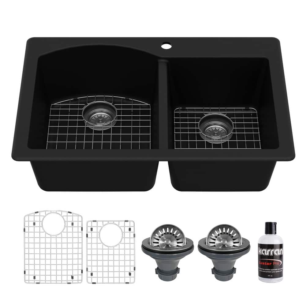 Karran Drop-In Quartz 33 in. 1-Hole 60/40 Double Bowl Kitchen Sink Kit