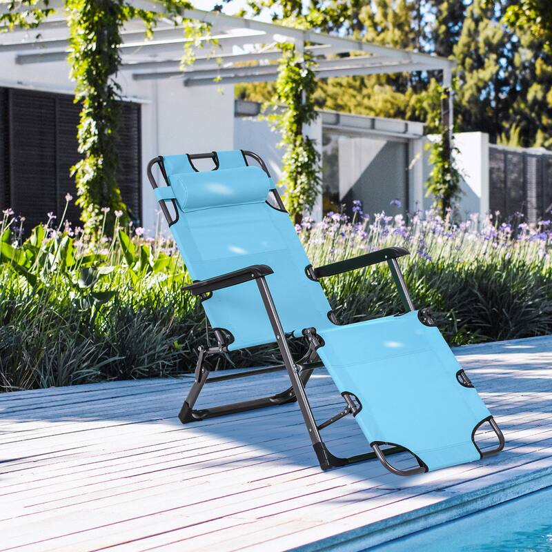 Convertible Outdoor Folding Chaise Lounger with Adjustable Backrest, Pillow and Pocket for Patio Beach Lawn