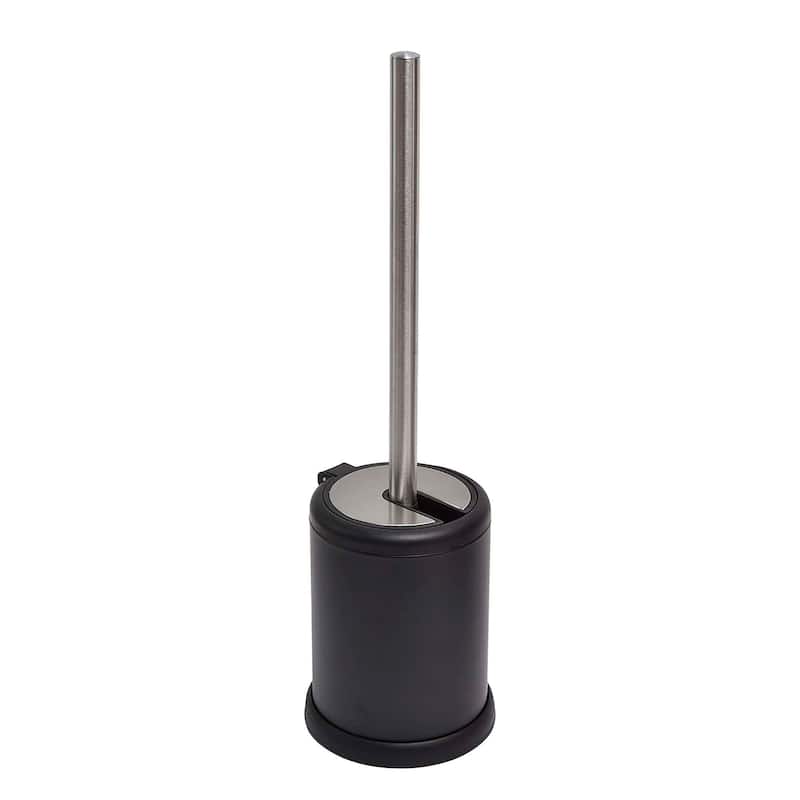 Black Toilet Brush Set with Stainless Steel Handle, Folding Lid and Removable Insert - 15 inches H x 4.8" Diam