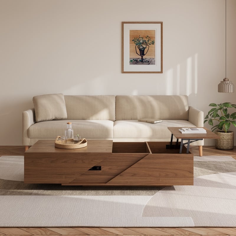 47" Modern Mid-Century Lift Top Trunk Coffee Table with Divided Storage, Dual-Zone Design for Living Room