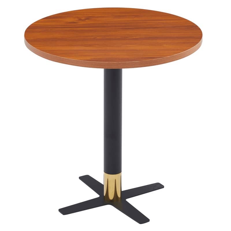 Vail 27" Round Solid Wood Top Dining Table with Black Stainless Steel Cross Legs and Gold Accent Base for Cafés and Home