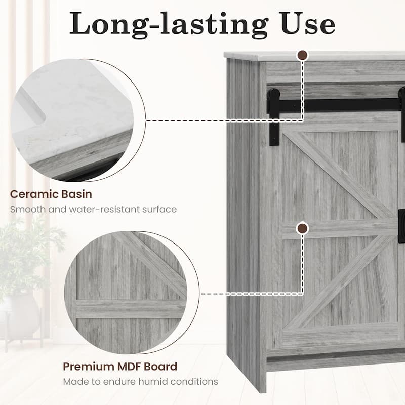 EROMMY Farmhouse Bathroom Vanity with Ceramic Top and Sliding Barn Door Sink Cabinet, Rustic Single Sink Vanity