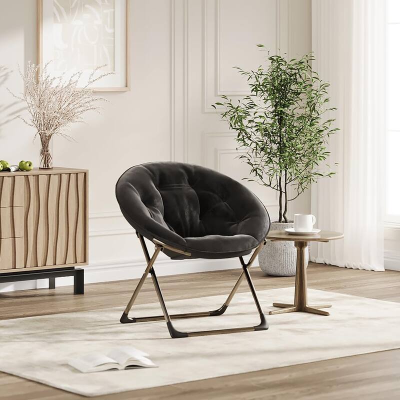 Comfy Folding Saucer Chair for Bedroom, Faux Fur Lounge Moon Chair with Sturdy Metal Frame, Oversized Plush Flower - Black With Gold Legs