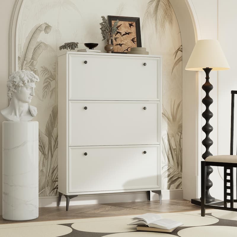 Modern and stylish white shoe cabinet with 3 flip drawers, entrance shoe cabinet, narrow shoe rack cabinet, hidden shoe