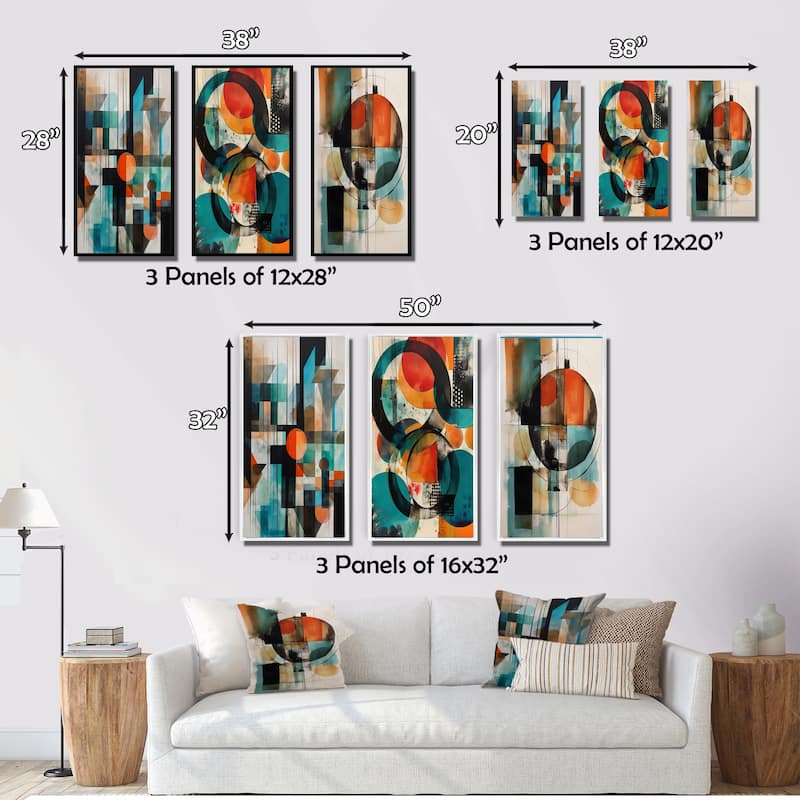 Designart "Orange Abstracted Geometric Explorations IV" Modern Geometric Framed Wall Art Set Of 3 For Office Decor