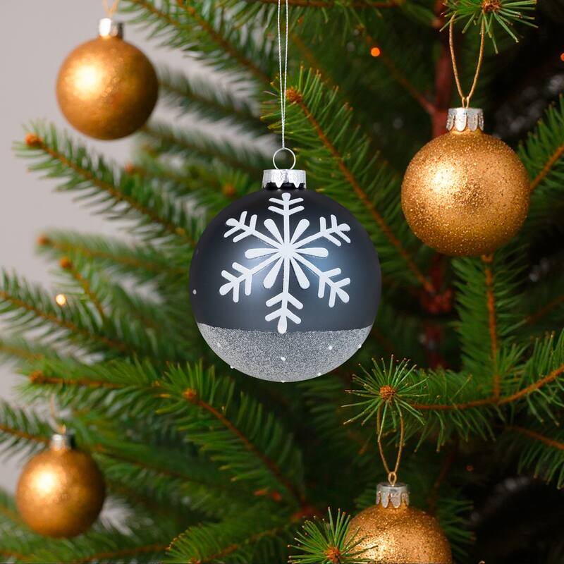 6 Gray White Snowflake Glass Christmas Ball Ornaments 4" (101mm)