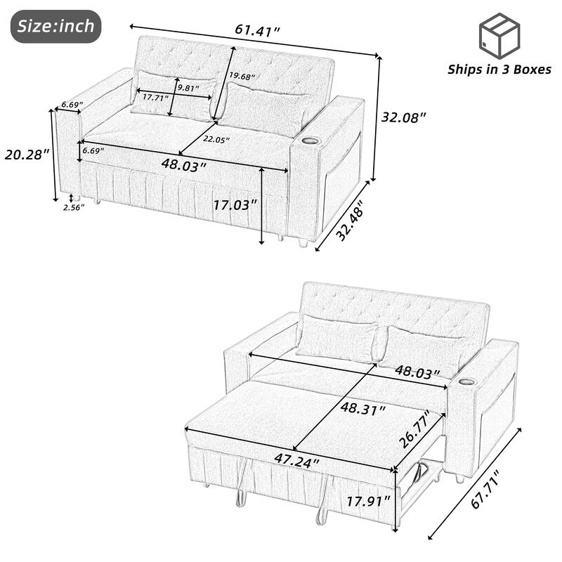 61.41" Chenille Convertible Sofa Bed with Adjustable Backrest, USB & Cup Holders