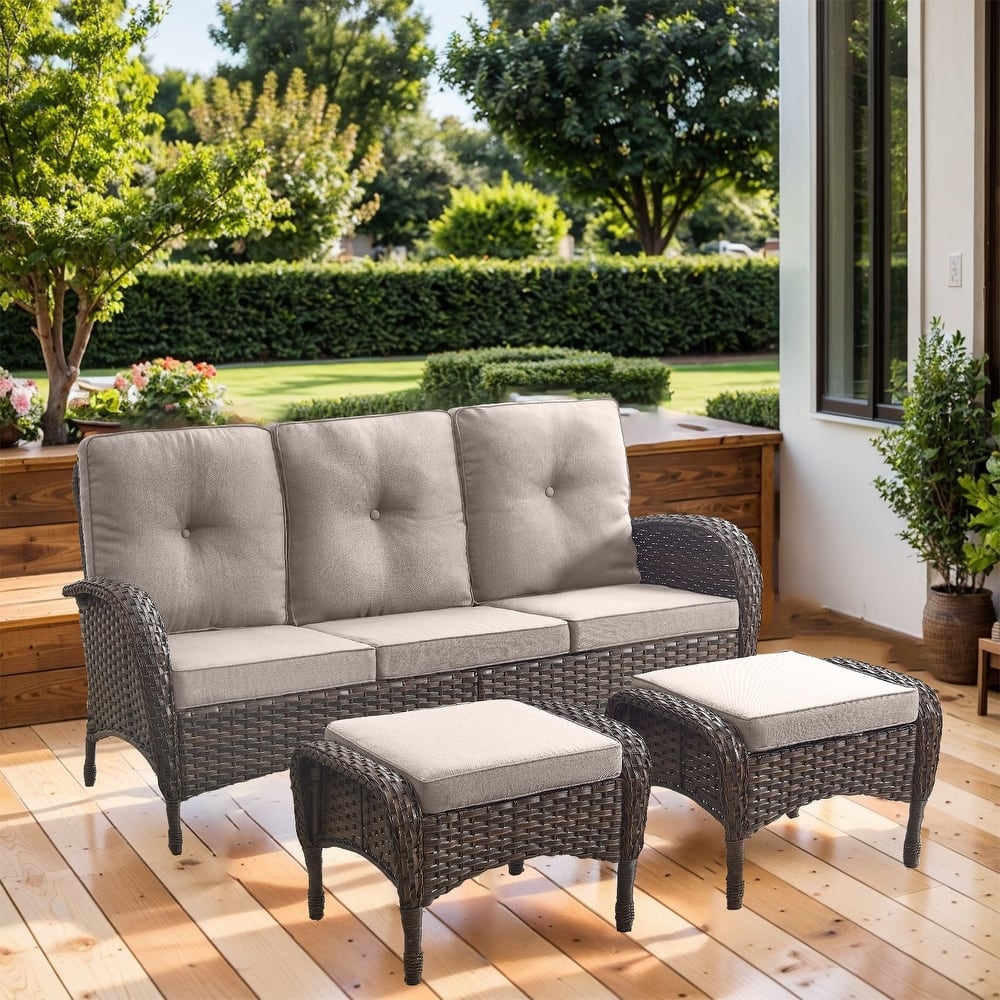 Gymojoy 3-Piece Outdoor Wicker Patio Furniture with 3 Seat Sofa, Rattan Coversation Set with Water Resistant Cushions