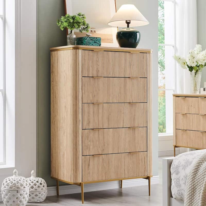 Modern Fluted 5 Drawers Dresser for Bedroom, Dresser Chest of Drawers - Natural Oak