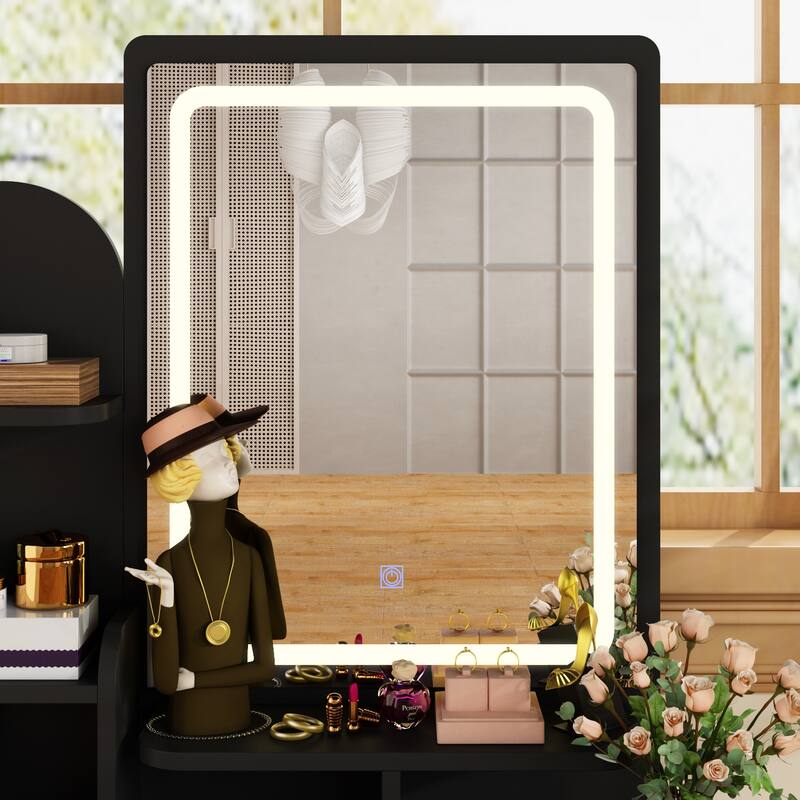 Vanity Desk with LED Lighted Mirror, Makeup Vanity Table with Drawers, Shelves and Stool