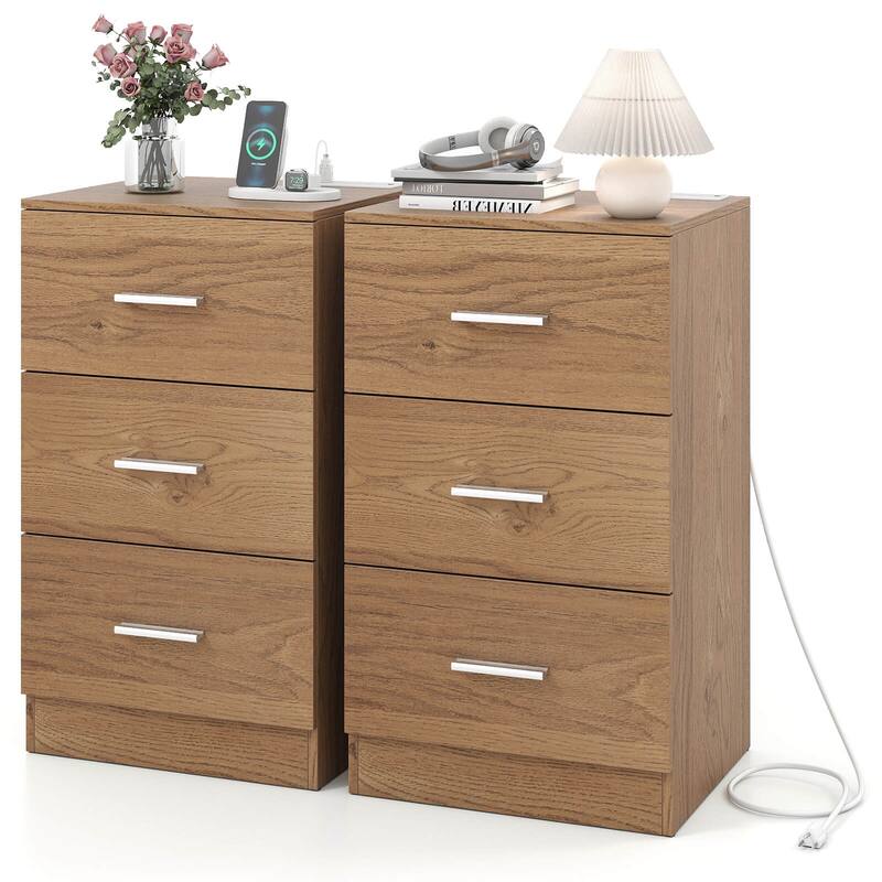 Costway 1/2 PCS Nightstand with Charging Station, 3 Storage Drawers