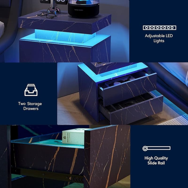 19.3" Modern 2 Drawers LED Nightstand with Adjustable Lights
