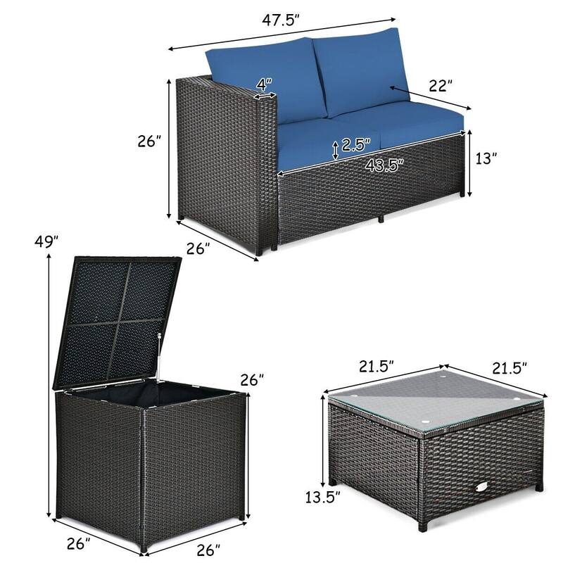 4 Pcs Outdoor Patio Rattan Furniture Set with Cushioned Loveseat and Storage Box