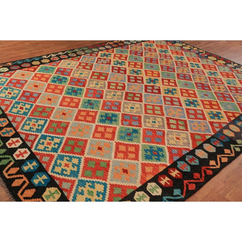 Geometric Trellis Kilim Reversible Area Rug Hand-Woven Wool Carpet - 8'4"x 11'4"