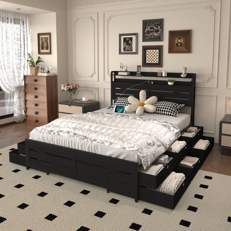 Queen-size bed frame with storage headboard and 12 drawers with LED lights - Black