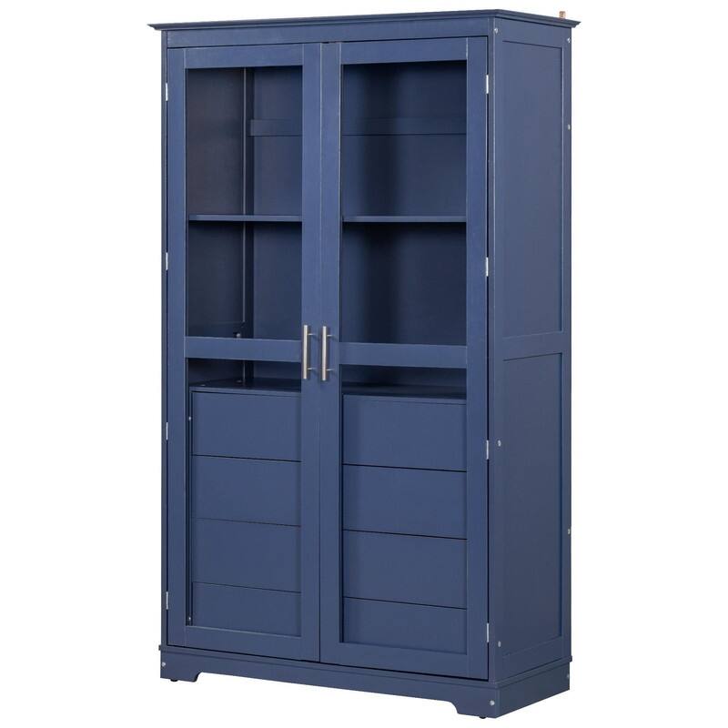 75" Tall Pine Wood Kitchen Pantry Cabinet with Glass Doors Four Drawers and Anti-Tipping Safety Features