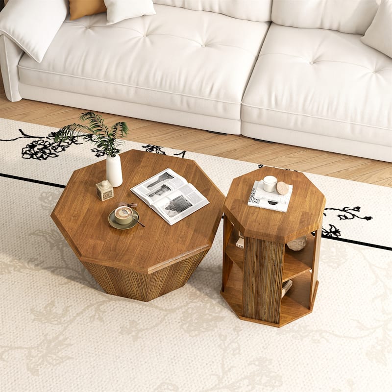 31.5 "Octagonal Rubber wood Set of Two Coffee Table - Natural