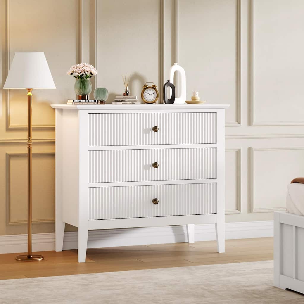 3 Drawer Fluted Dresser, Wide Wood Chest of Drawers with Metal Legs