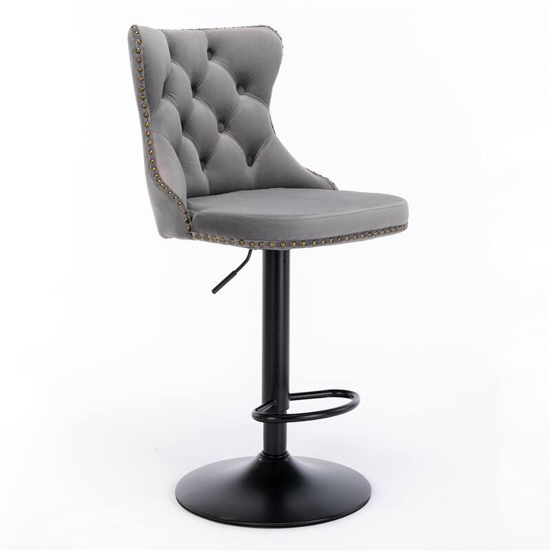 2 Piece Adjustable Swivel Velvet Upholstered Barstool with Black Metal Base