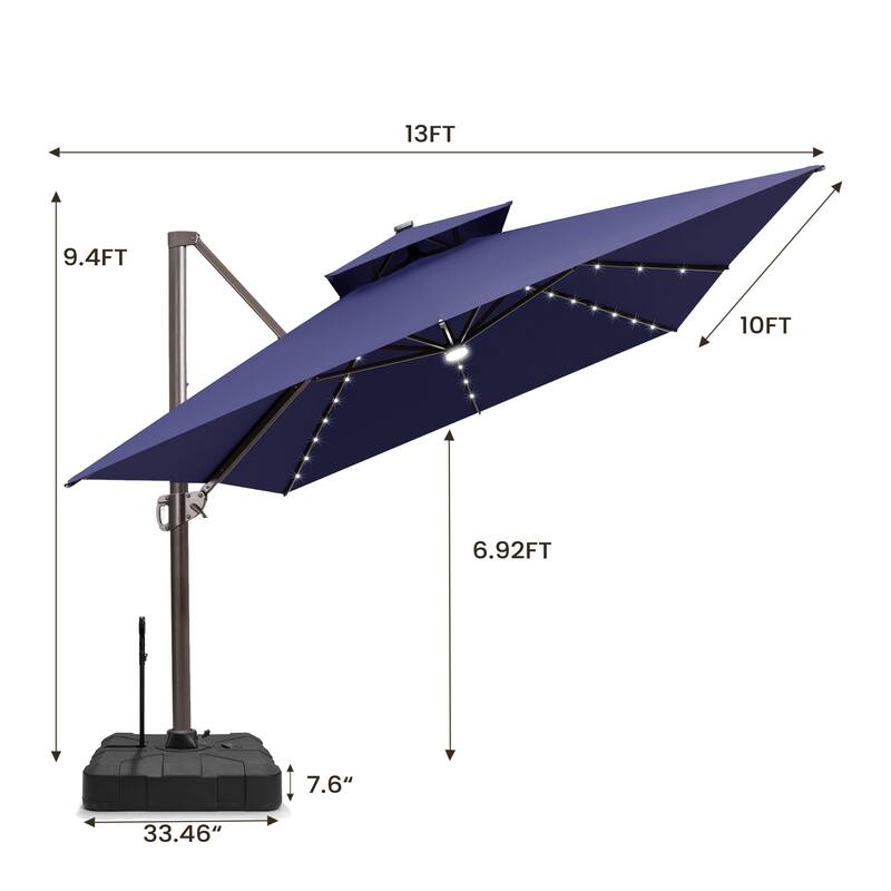 10 X 13 FT Outdoor Patio Cantilever Umbrella with Solar Lights Rod Wheel Base Double Canopy 360 Rotation Tilt