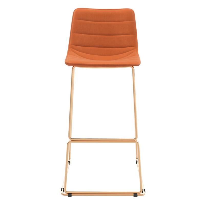 Set of 2 Orange Velvet Bar Height Chairs Modern Gold Frame Stools with Footrest and Backrest - 40.2”H x 18.5”W x 19.5”D
