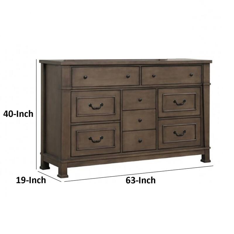 Huder Wide Dresser, 9 Drawers, Dark Walnut Brown Solid Wood, Black