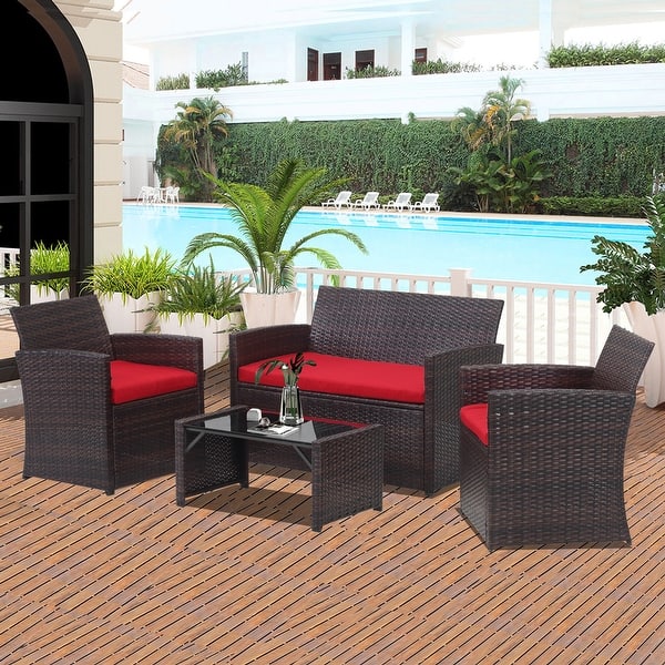 slide 2 of 30, Ainfox 4 Pcs Rattan Sofa Set Patio Furniture with/without Umbrella Brown Rattan Red