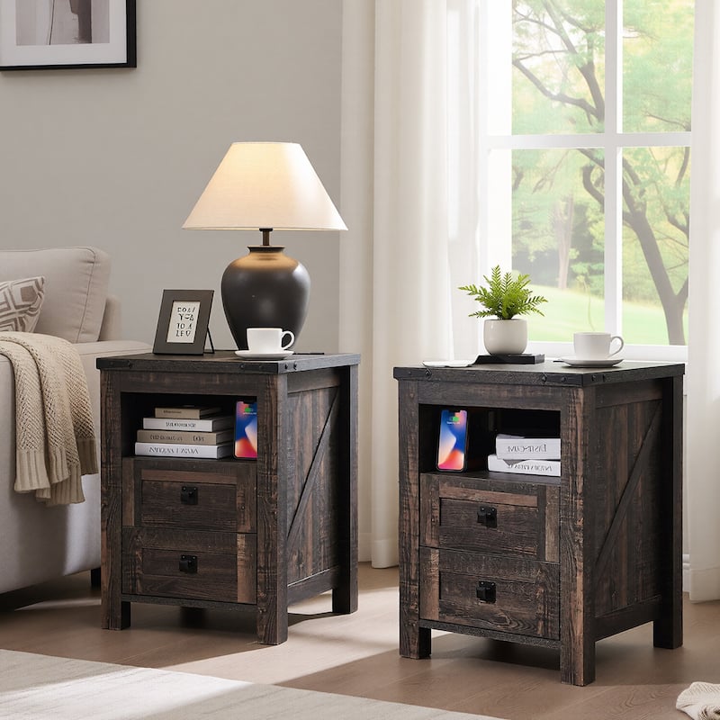 Farmhouse Nightstand Set of 2 with Charging Station, End Table - Black