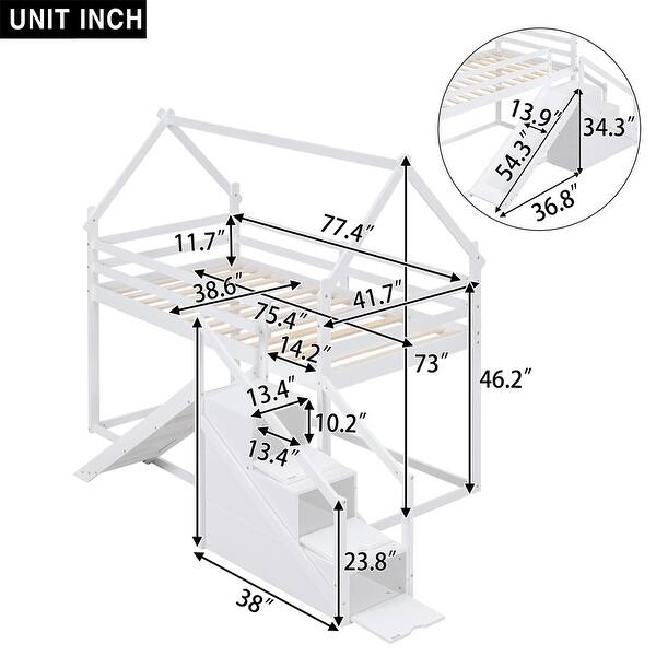 dimension image slide 0 of 2, Twin over Twin House Loft or Bunk Bed with Slide and Staircase, Natural