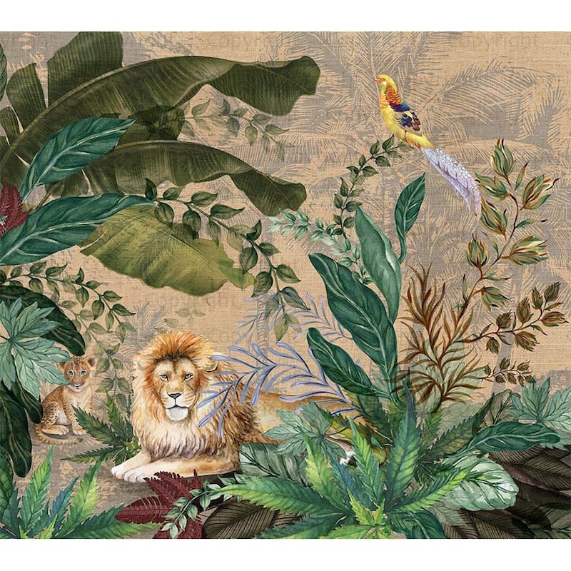 Luxurious Jungle Safari Wallpaper Mural Lions and Tropical Foliage - Green - W:122" x H:110"