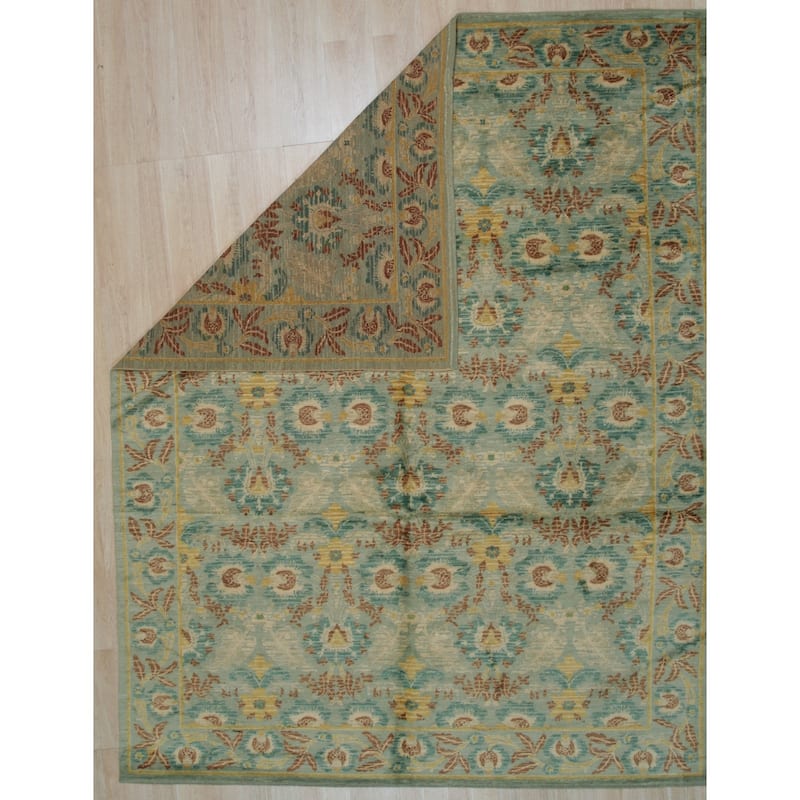 Green Handwoven Wool Transitional Rug 9' x 11'8 - Hand Knotted Spun Wool Surged Edge Elegant Design - N/A