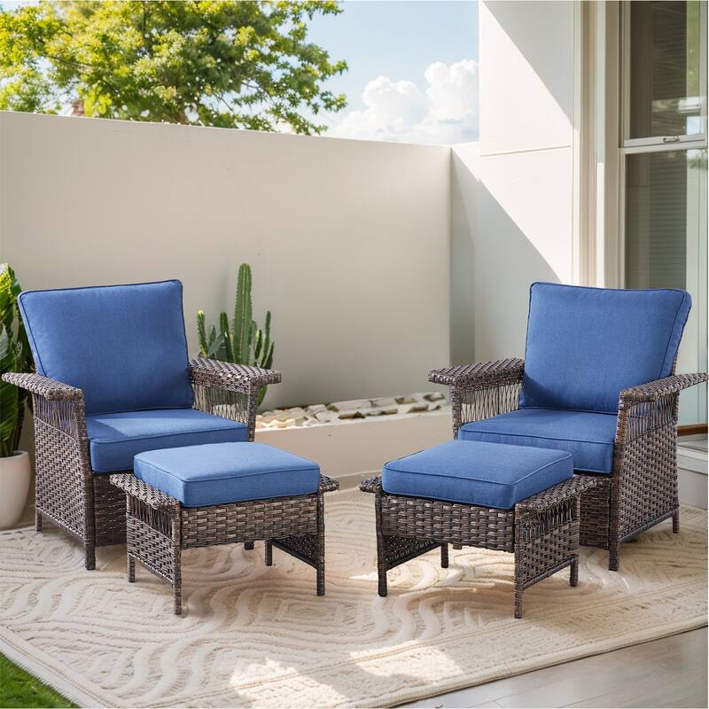 Outdoor Glider Chair with Soft Cushion - Brwon Wicker Blue Cushion - 4PCS Patio Chairs with Ottoman