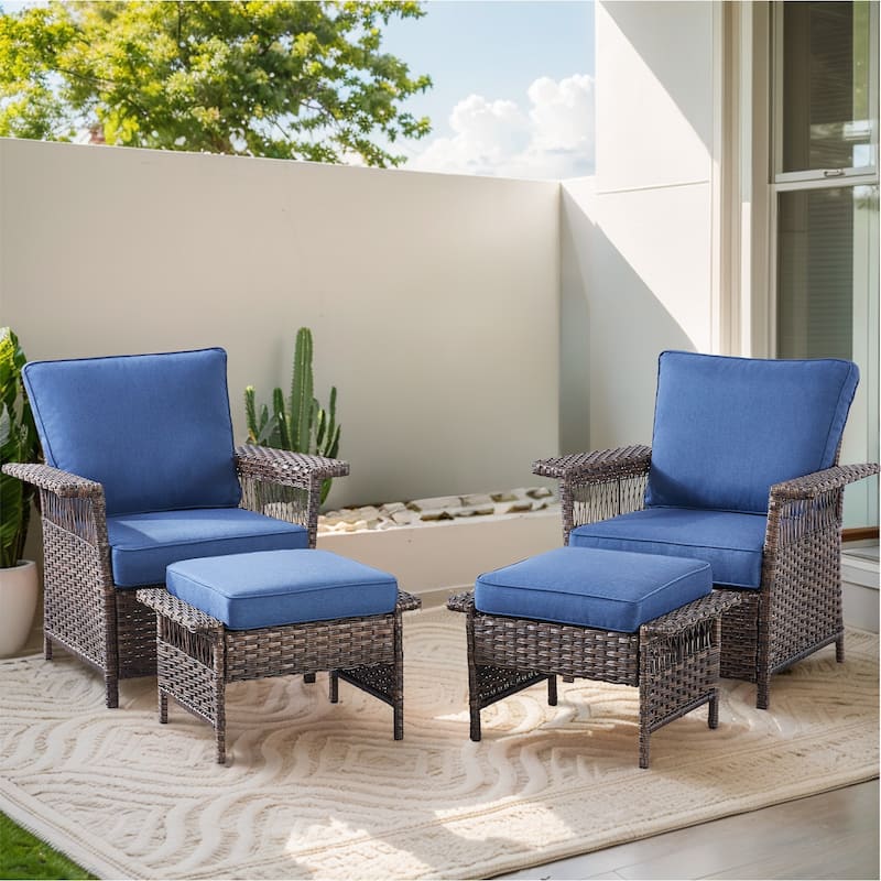Outdoor Wicker Furniture Couch Set - Brwon Wicker Blue Cushion - 4PCS Patio Chair with Ottoman