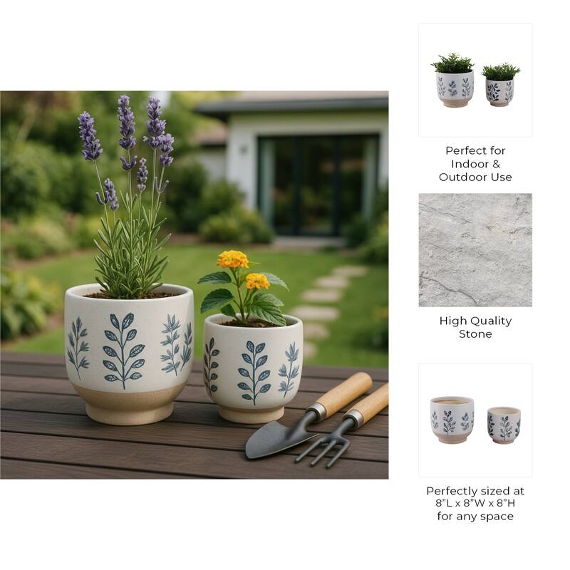 Stoneware Planters Botanical Detailing and Textured Design (Set of 2)