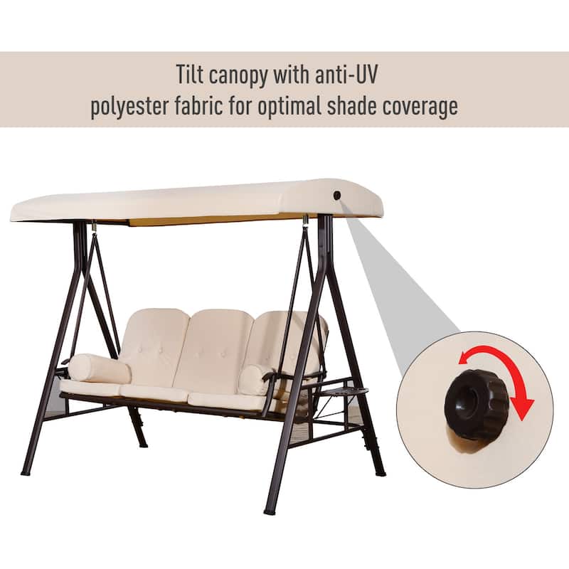 Outsunny Outdoor Patio 3-Person Canopy Cushioned Seat Bench Swing with Included Side Trays & Padded Comfort
