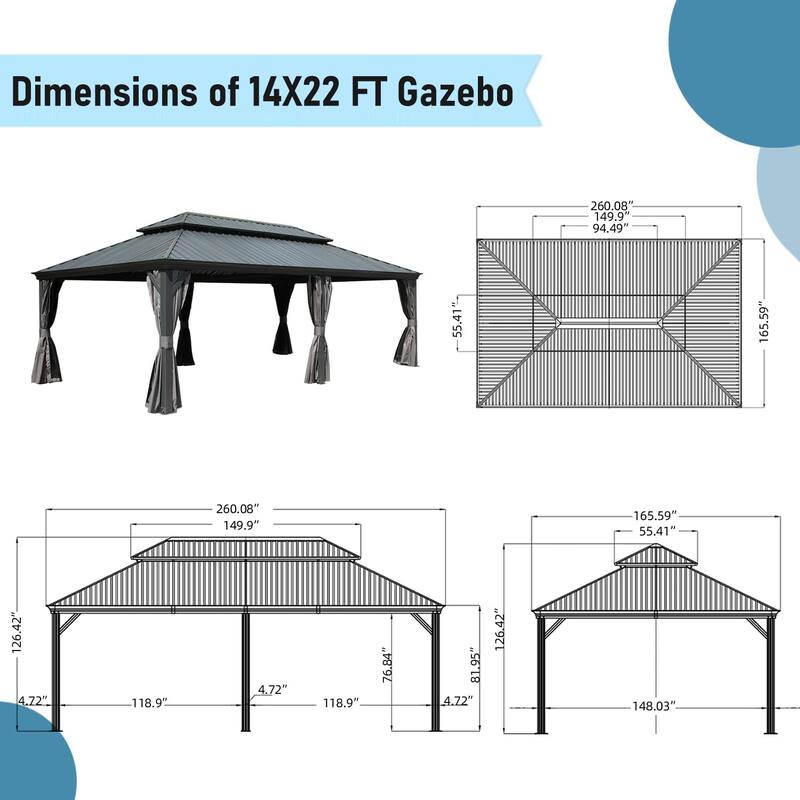 GDFStudio - Terry Outdoor Aluminum Hardtop Gazebo with Galvanized Steel Double Roof, Curtains & Netting
