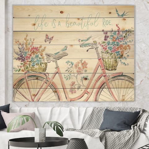 Designart 'Spring Bike Bouquet' French Country Print on Natural Pine Wood - Multi-color